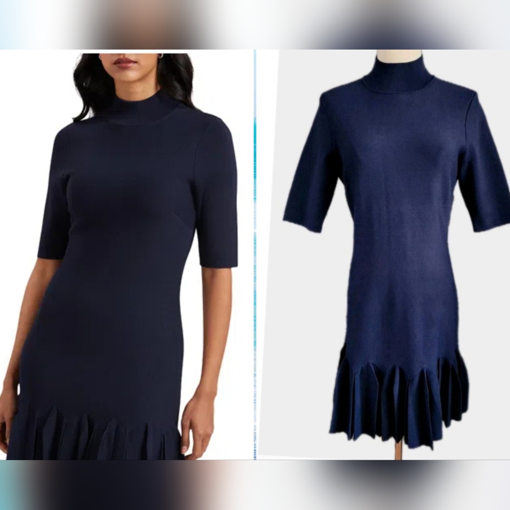 TED BAKER Pleated Hem Knitted Bodycon Mini Dress Navy Blue Mini TB Size 2/US 6